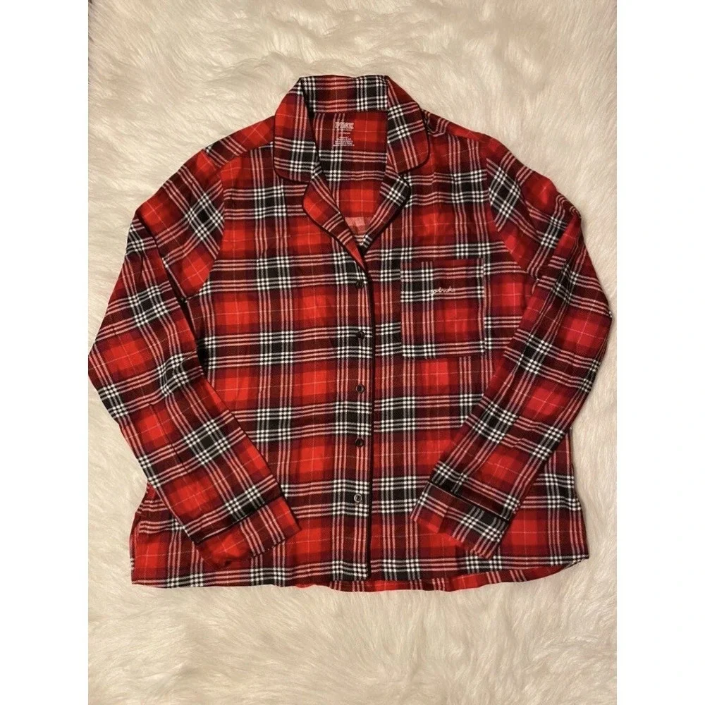 PINK Victoria's Secret‎ Pajama Shirt Womens Size Large Red Plaid Button Down Top